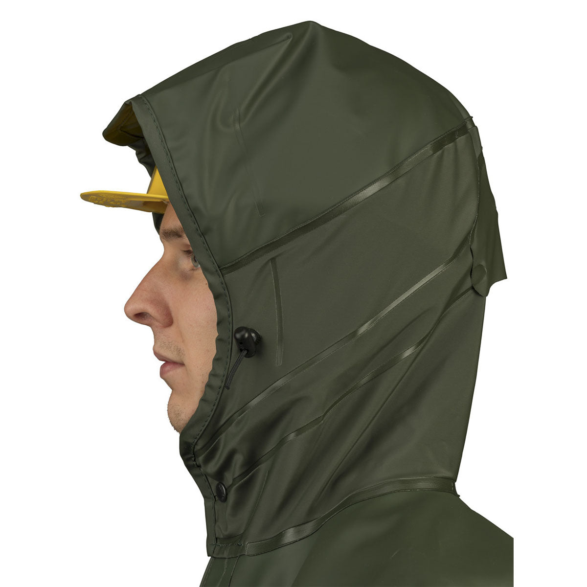 Person wearing a green raincoat with a hood on a white background with a hard hat underneath - Rosbras, Isoder, Isocomb, Isofarmer
